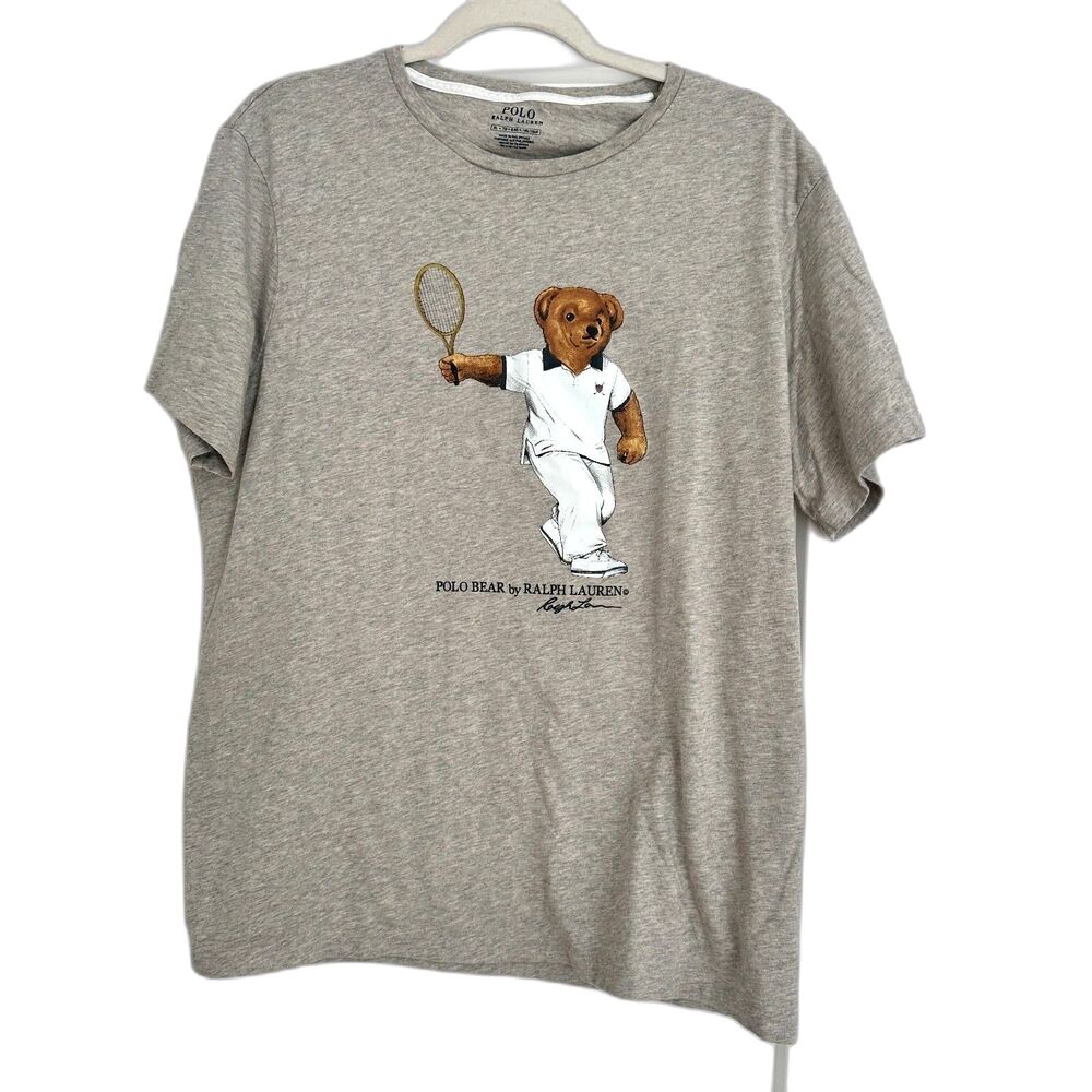 Vintage Men's Polo Ralph Lauren Grey Tennis Bear T-shirt Size XL